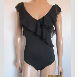 ZARA Black Ruffled Neckline Bodysuit Sz. M ~NWT~